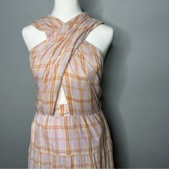 ULLA JOHNSON Noelle Crossover Halter Back-Tie Midi Plaid Dress NEW - Picture 6 of 14